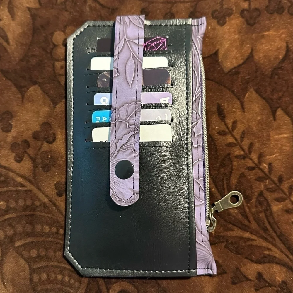 Wallet purple flowers black purse pall card holder zipper hand made - Picture 3 of 8